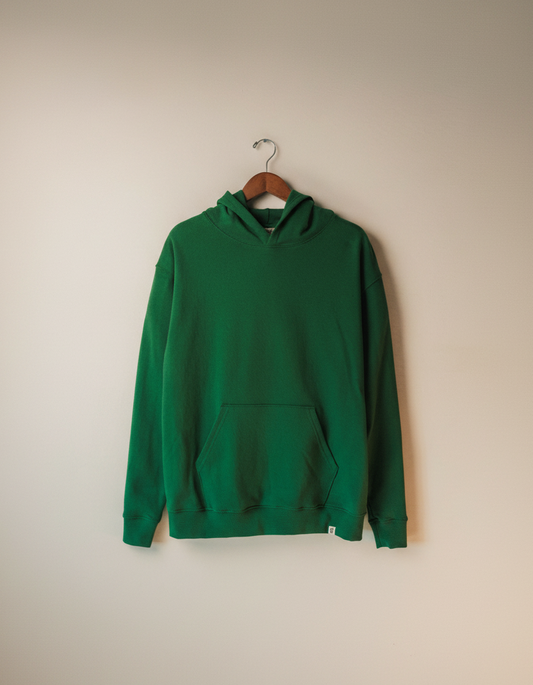 Green hoodie on a wooden hanger against a beige wall