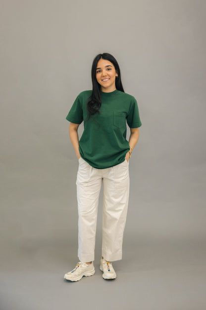 GIRL WEARING GREEN UNDERDOG BY AMERICAN GIANT POCKET TEE