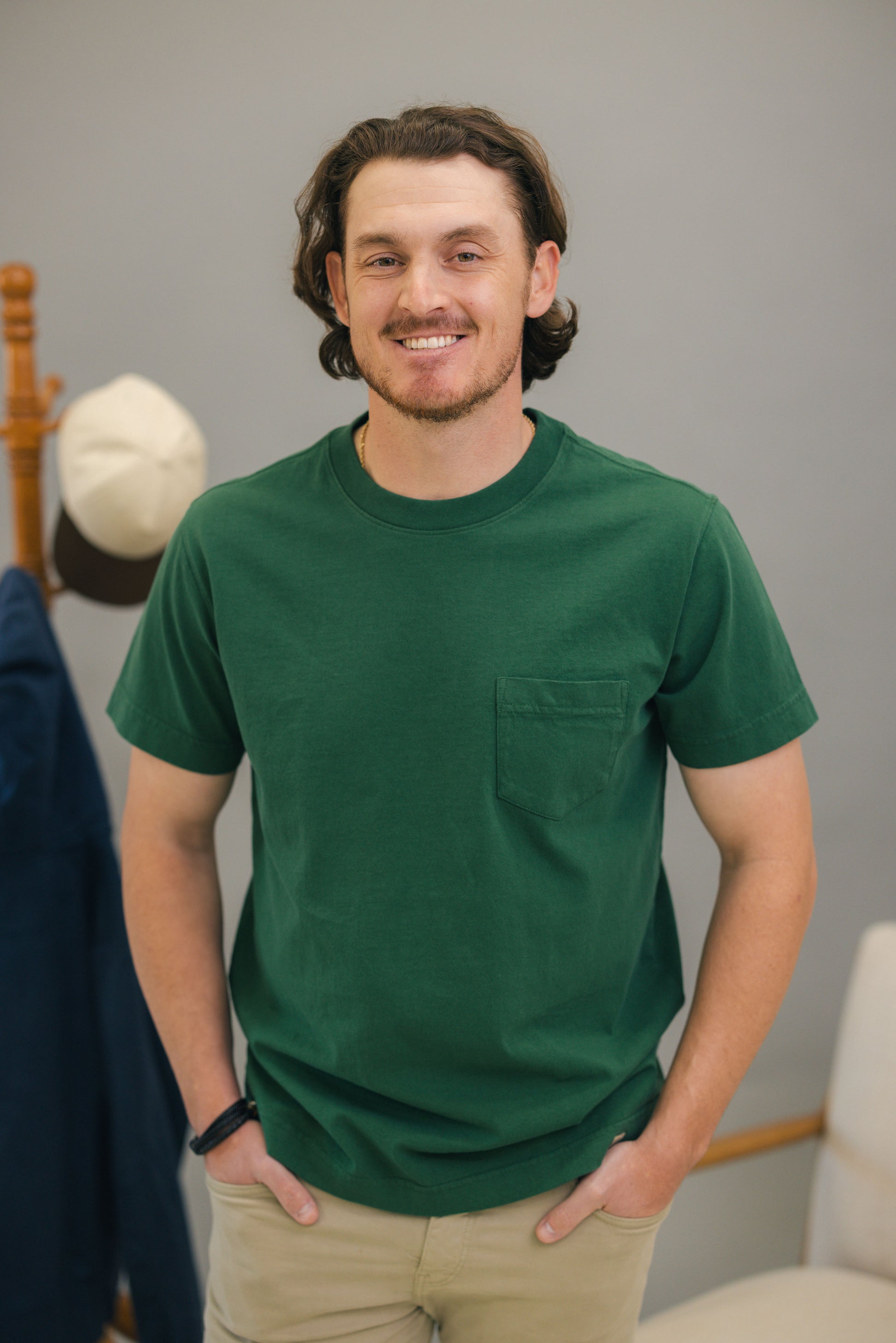 GUY WEARING UNDERDOG BY AMERICAN GIANT GREEN POCKET TEE