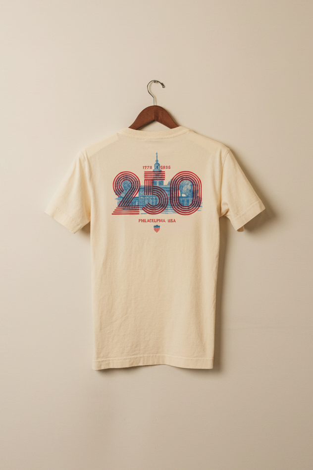 Image of ivory tee hanging with Independence Hall sketch and 250