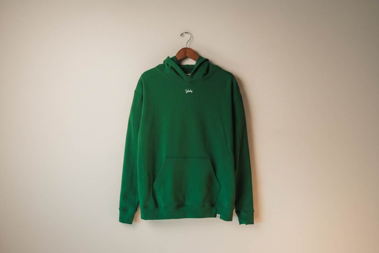 Green hoodie with a logo on a wooden hanger against a beige wall