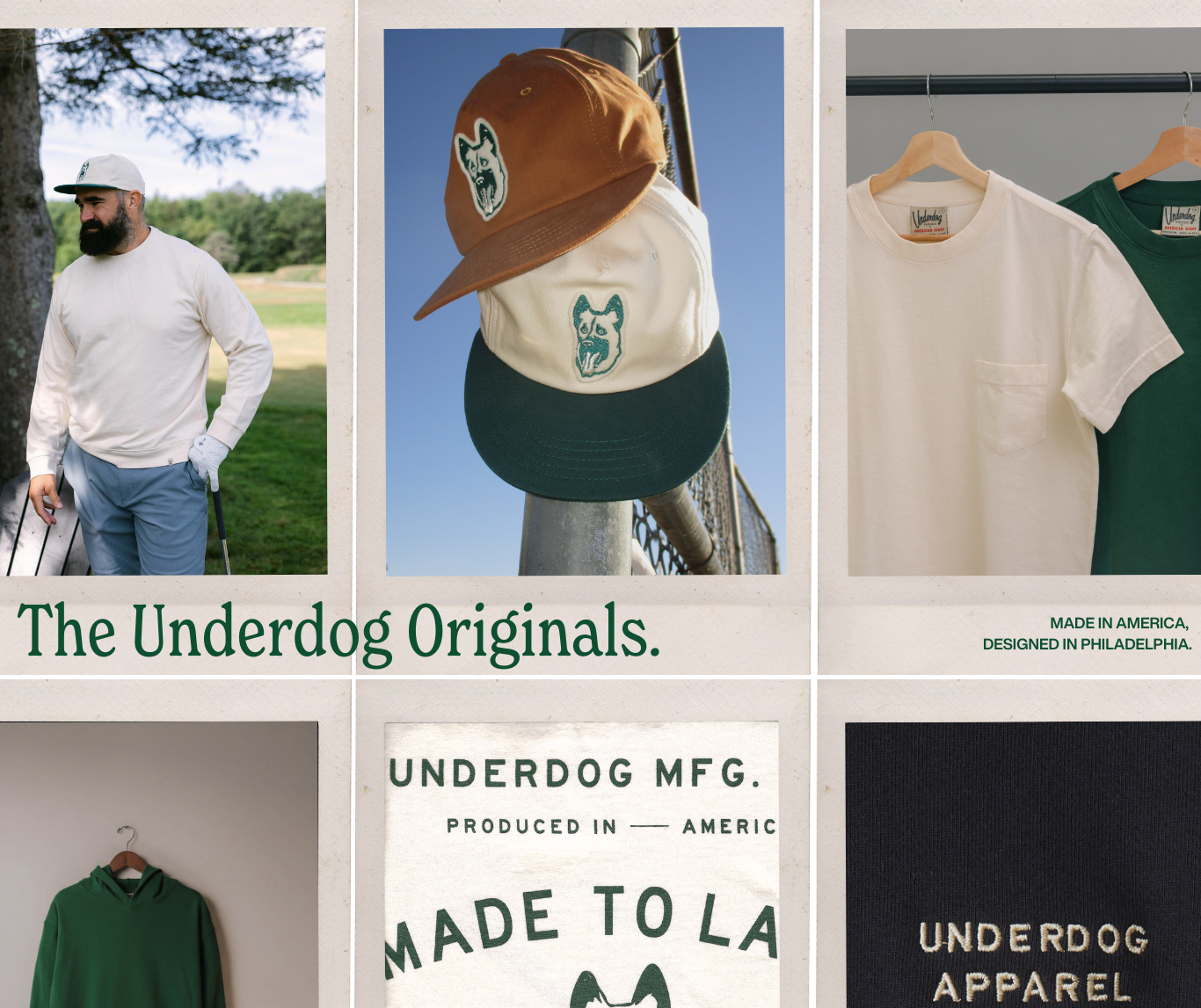 Collage of Underdog Apparel products including t-shirts, a hoodie, and a cap with brand logo.