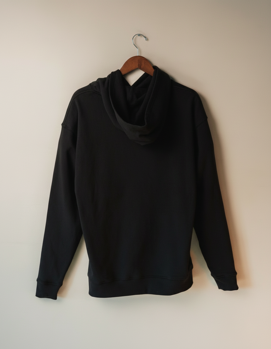 Black hoodie on a wooden hanger against a beige wall