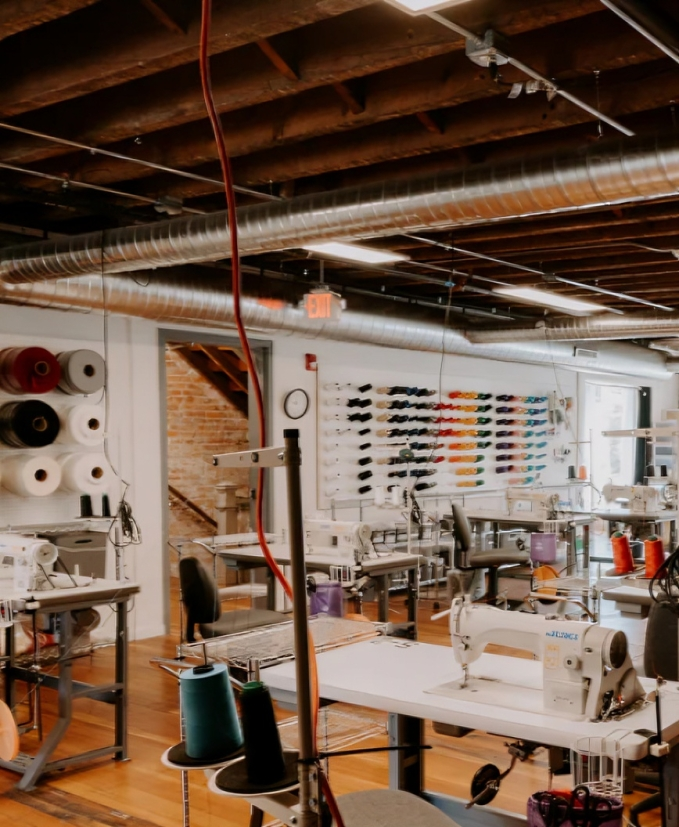 Industrial sewing room with various machines and equipment.