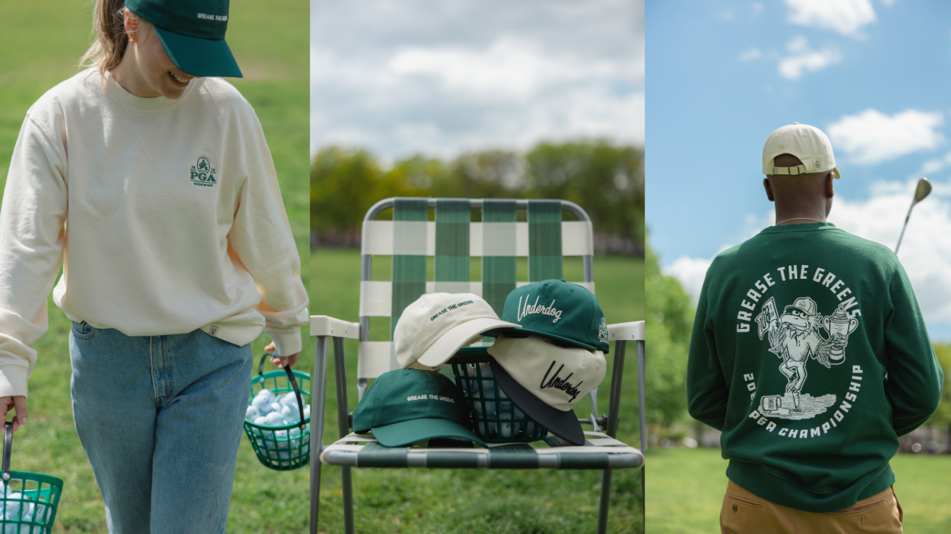 Image of women in sweatshirt, image of hats on chair, image of back of man with green sweatshirt