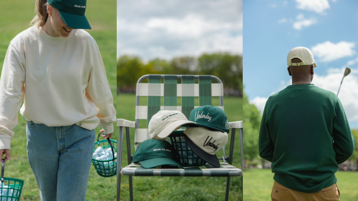 Image of women in sweatshirt, image of hats on chair, image of back of man with green sweatshirt